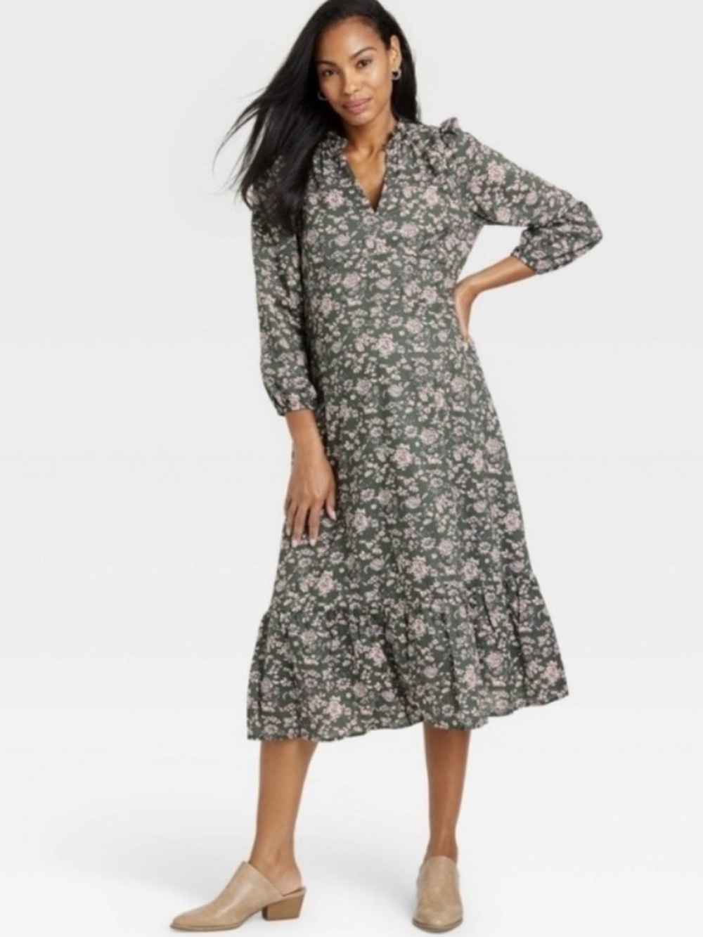 The Nines by Hatch Olive Green Midi Dress with Light Pink Floral Print